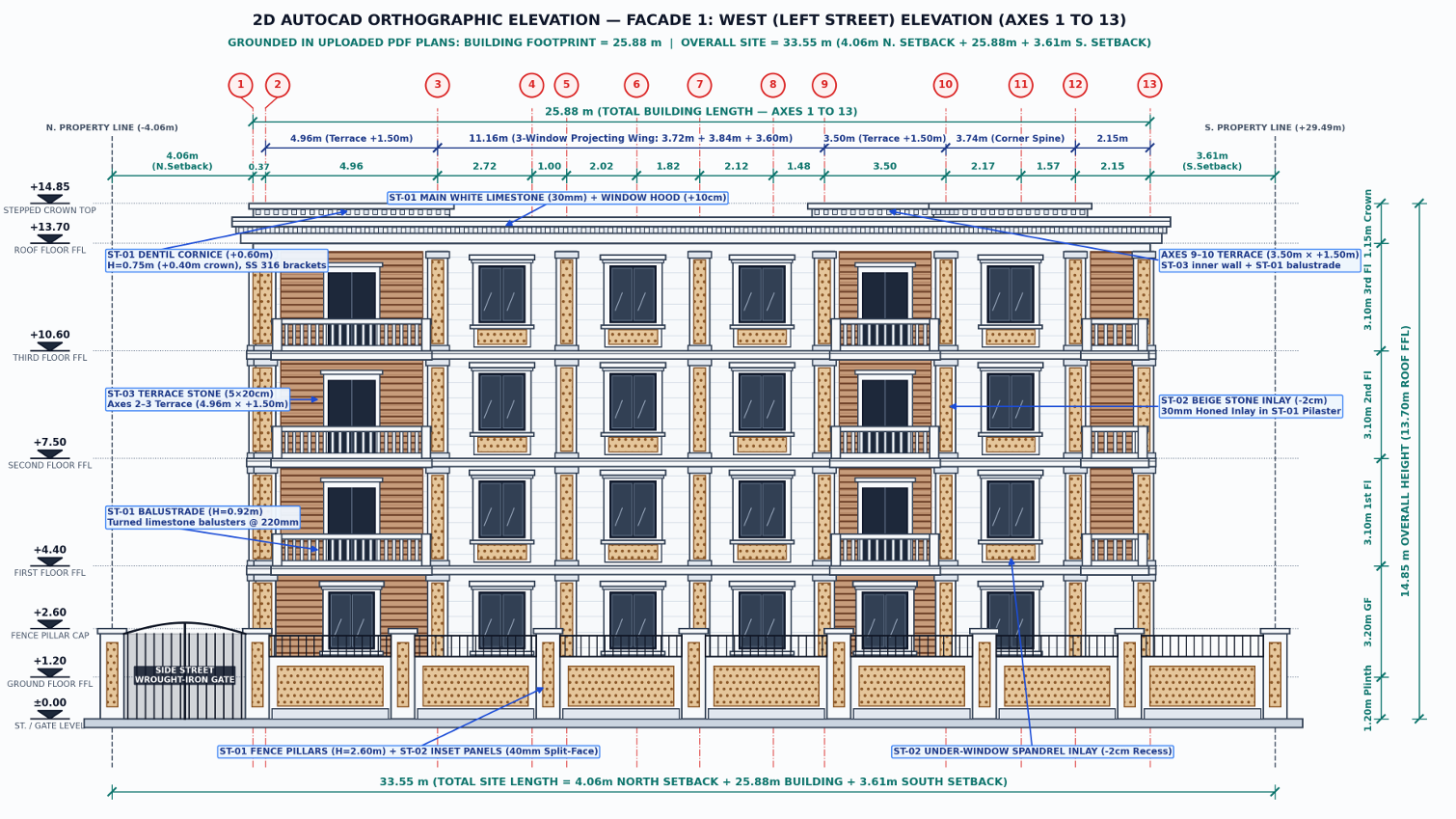 Sheet A-201 — Building 1 West (Left Street) 2D Working Elevation (Axes 1–13, 25.88 m / 33.55 m)