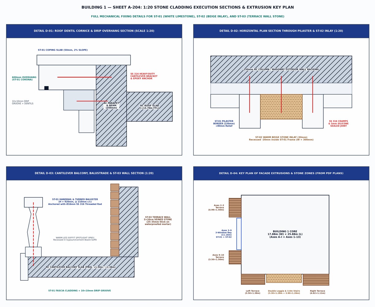 Sheet A-204 — Building 1 1:20 Mechanical Stone Fixing Details (D-01 to D-03) and Floor Plan Extrusion Key (D-04)