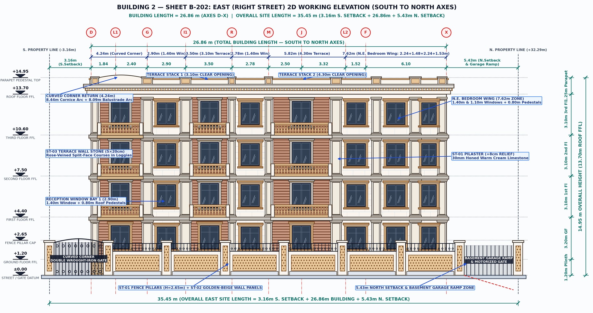 Sheet B-202 — Building 2 East (Right Street) 2D Working Elevation (Axes D–X, Building Length = 26.86 m, Site Length = 35.45 m)