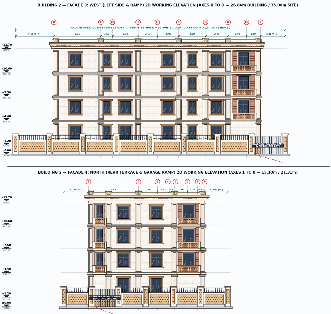 Sheet B-203 — Building 2 West Side (Axes X–D, 26.86 m) and North Rear (Axes 1–8, 15.10 m) 2D Working Elevations